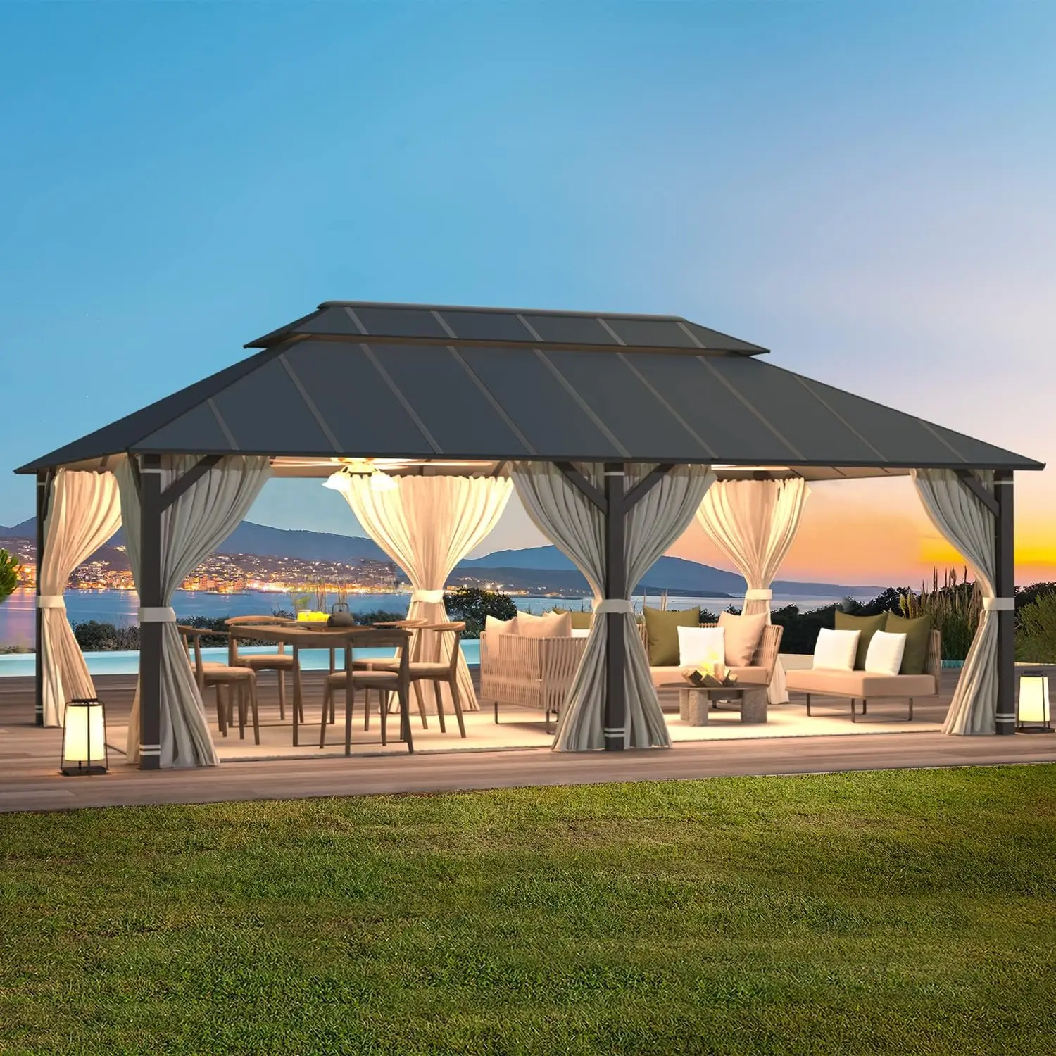 12' x 20' Outdoor Gazebo Pavilion, Double-Roof Aluminum Composite Canopy with Aluminum Frame, Curtains & Netting, for Patio, Lawn, Garden, Backyard