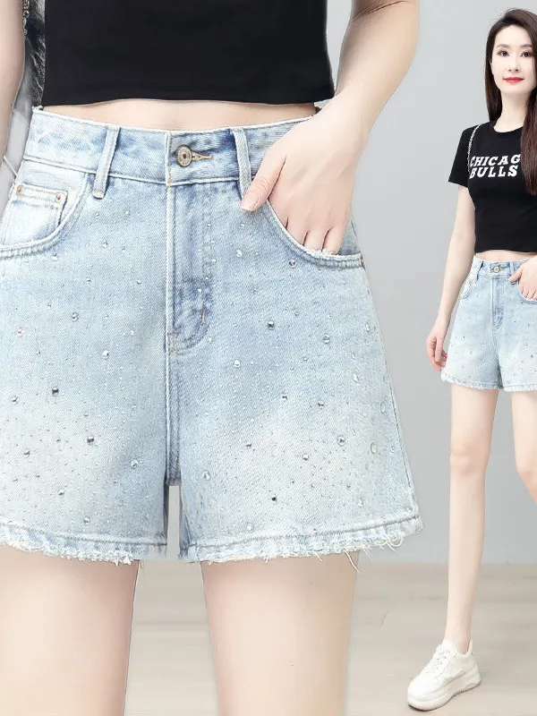 Slimming High Waist Short Jeans Women's Summer Thin Loose Casual Wide Leg Pants Three-Quarter Length Diamond Studded Denim