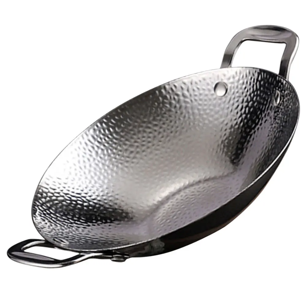 

Stainless Steel Hammered Dry Double Handle Wok Household Kitchen Cooking Pot Non-Stick Pan Small Space Saving