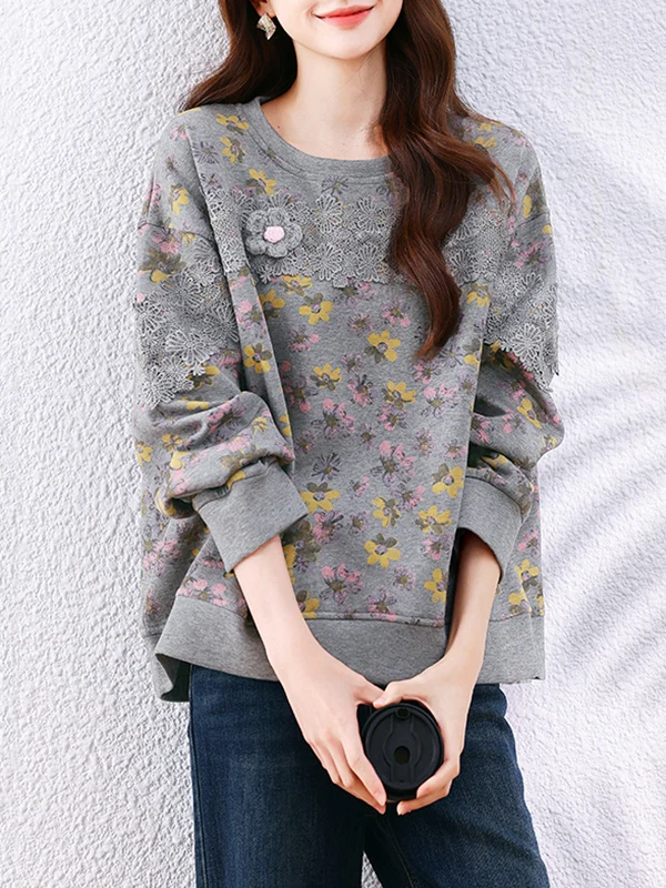 Sudadera con capucha Thiened Fce, informal, holgada, versátil, con empalme de encaje Floral, abrigo de invierno coreano Sle redondo Ne Long Sve