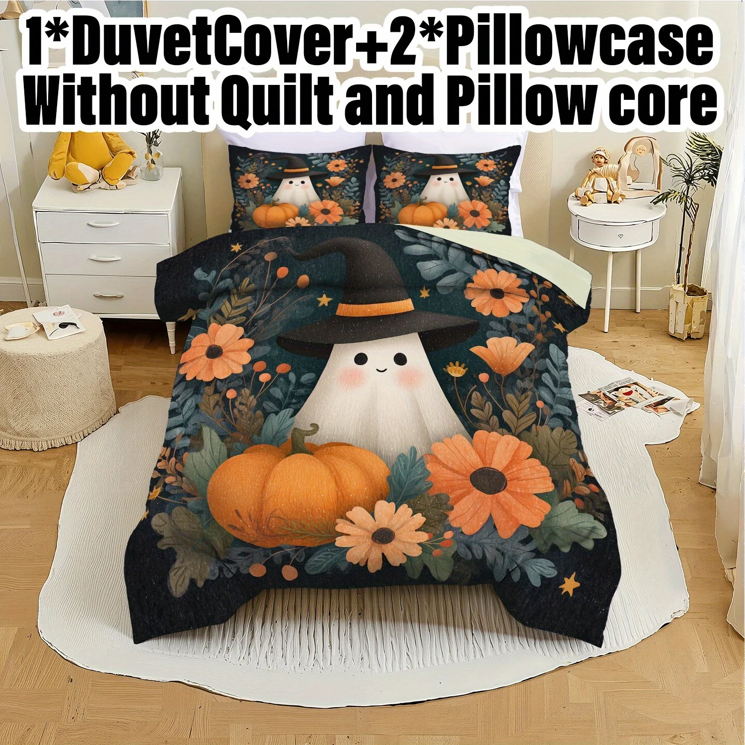 3pcs Halloween Pumpkin Monster Duvet Cover Set without Core, Quilt Cover with 2 PillowcasesSoft and Machine Washable