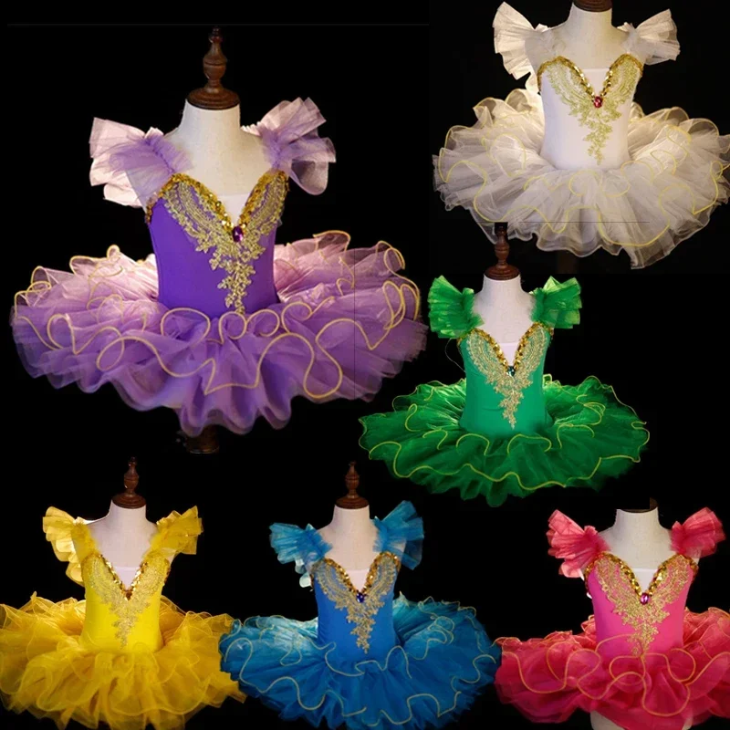 

Girls Ballet Dance Tutu Dress Short Sleeve Dancewear Kids Ballerina Practice Suit Skirt School Stage Performance Costume