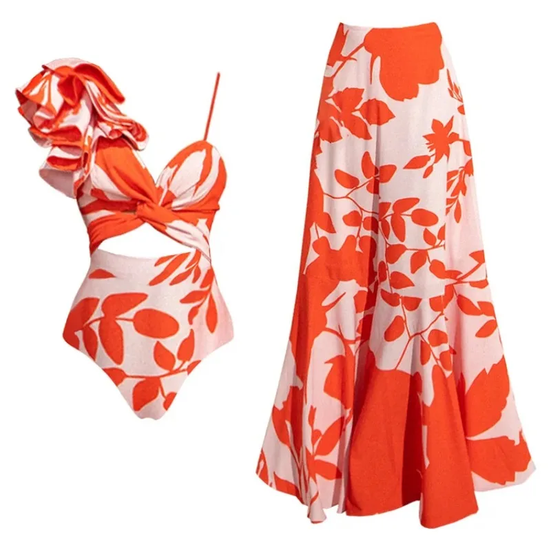 One Piece Swimsuit For Women European And American Swimwear Ruffle Edge Printing One-piece Swimsuit Vacation Suit Women