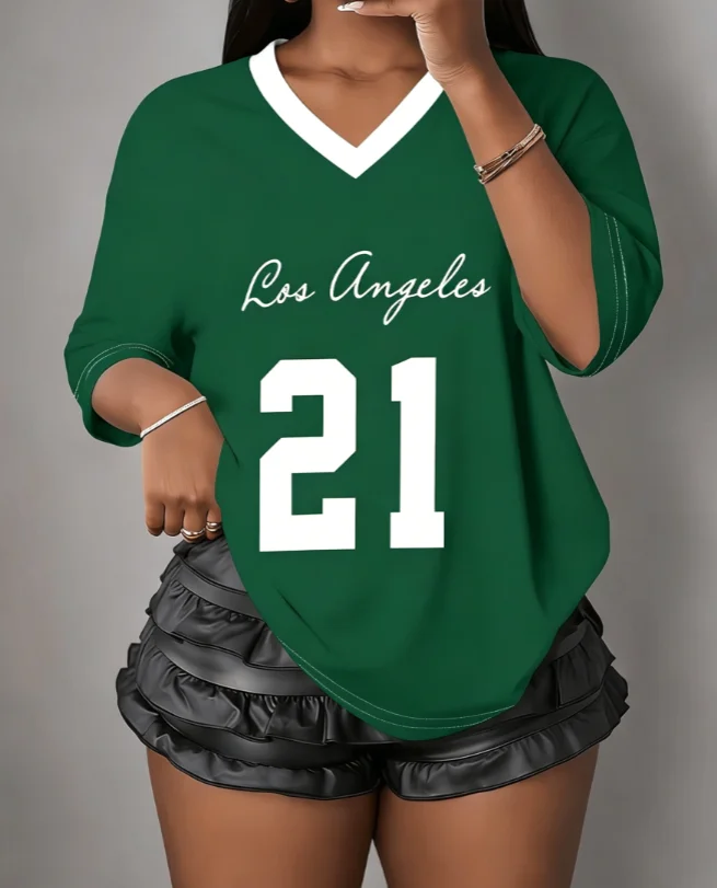 Y2K American retro jersey short sleeved women's summer breathable mesh plus size V-neck printed loose street versatile top