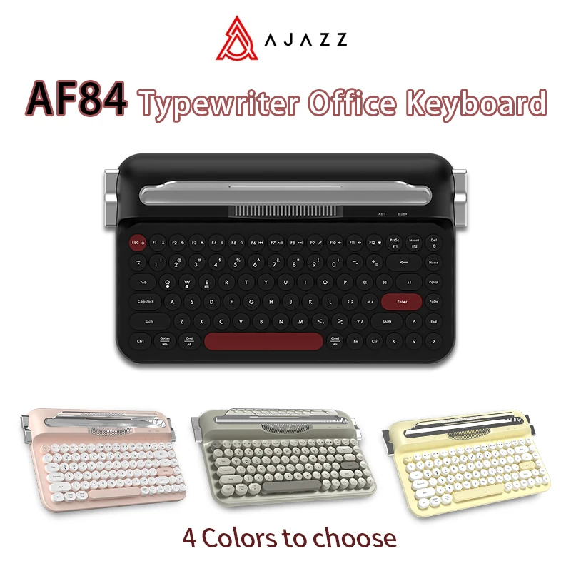 AJAZZ AF84 Wireless Bluetooth Keyboard 84 Keycaps Round Retro Keys Typewriter Office Keyboards W/ Bracket for IPad Membrane Use