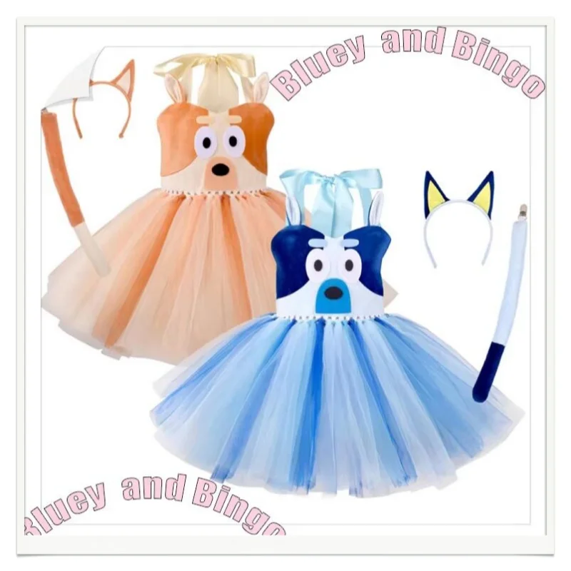 Bluey Party Dress Up Halloween Costume Cosplay Set Stage Performance Dog Costume Bingo Mesh Skirt Bluey Skirt with Headband New