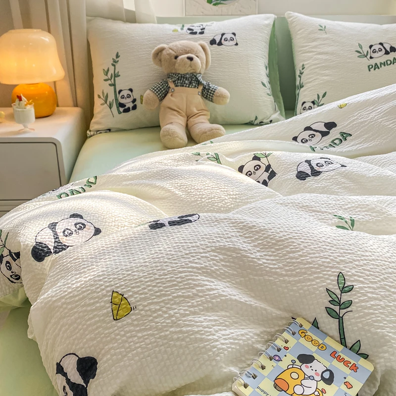 Cartoon Panda Bamboo Bedding Set Floral Duvet Cover Flat Sheet Pillowcase Twin Full Size Bed Linens Kids Adults Home Textiles