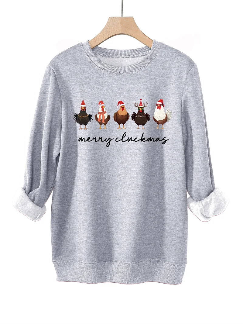 Fashion new women's cotton winter merrycluckmas Christmas chicken print vintage round neck thickened ground fleece hoodie