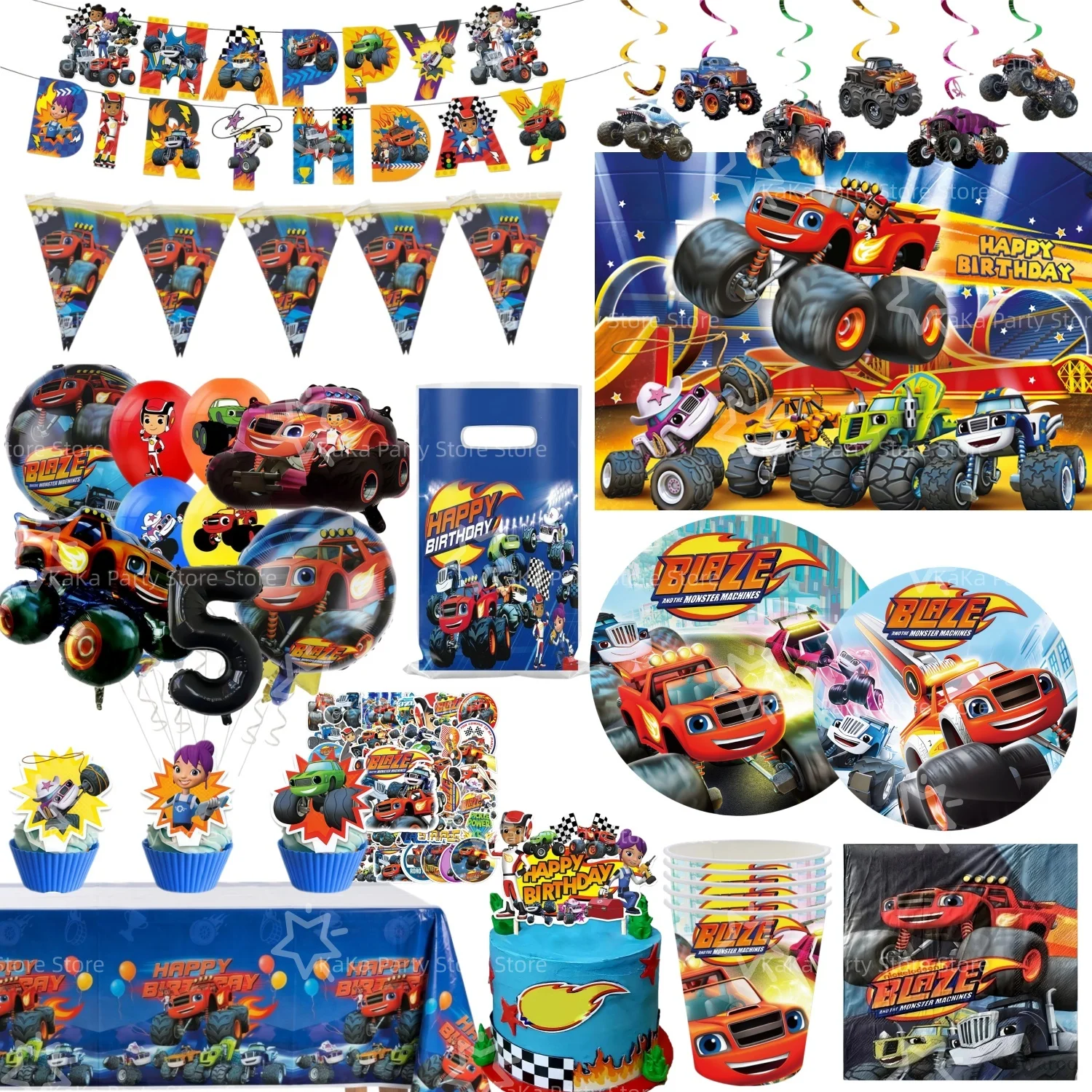 Decoração de Festa de Aniversário Carro de Corrida Blaze Monster: Máquinas de Balões, Louça, Toalha de Mesa, Prato, Copo, Guardanapo, Sacola e Lembrancinhas de Corrida