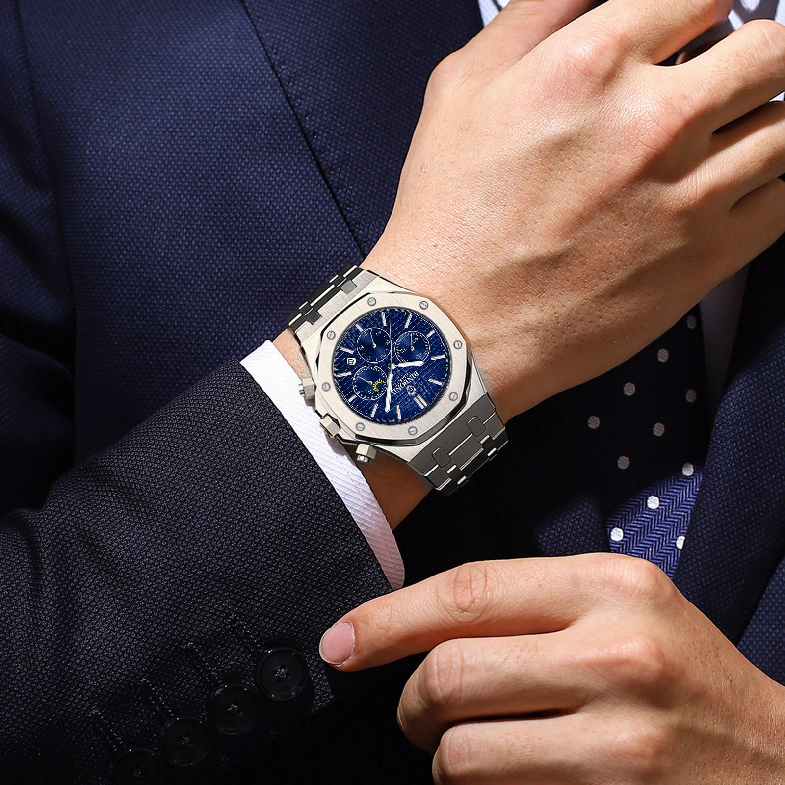 ساعات BINBOND Fine Steel للرجال، ساعة كوارتز أصلية للأعمال، مقاومة للماء، تاريخ مضيء، مرحلة القمر