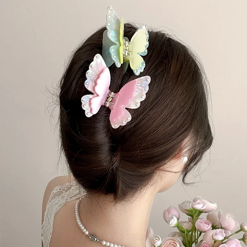 Fantasy Colorful Butterfly Hair Claw Clip Rhinestones Fairy Double Layer Crab Hair Clip for Woman Girl Princess Hair Accessories