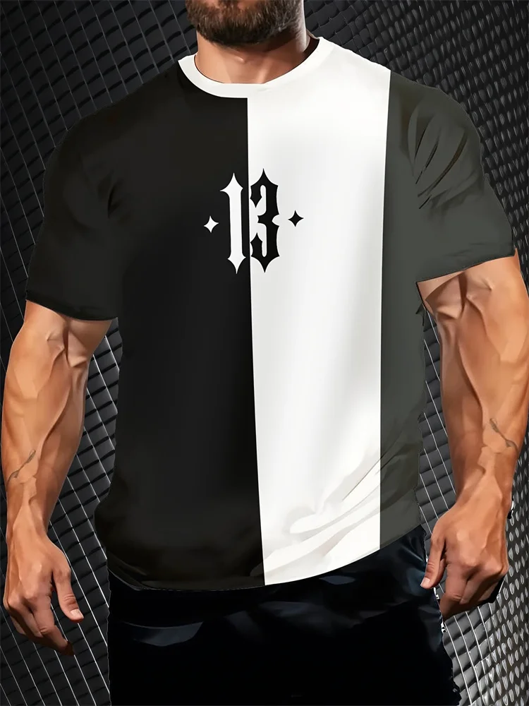 

3D Fashion Color Blocking Printed Men's T-shirt Loose Leisure Crew Neck Short Sleeve Tees Minimalist Number Pattern Men Pullover