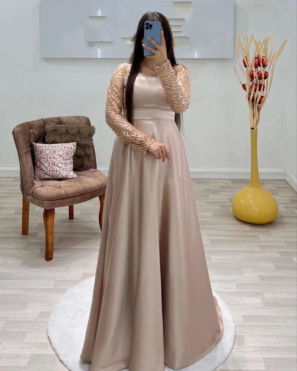

Customized High Quality Sparkle Charmeuse Sequined Pleat A-line Scoop Neck Long Dresses Bespoke Occasion Dresses Formal Matching