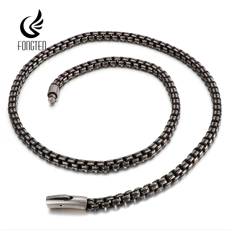 Fongten Cuban Chian Necklace for Men Stainless Steel Curb Box Chain Choker Necklace Male Hip Hop Rotre Black Color Jewelry