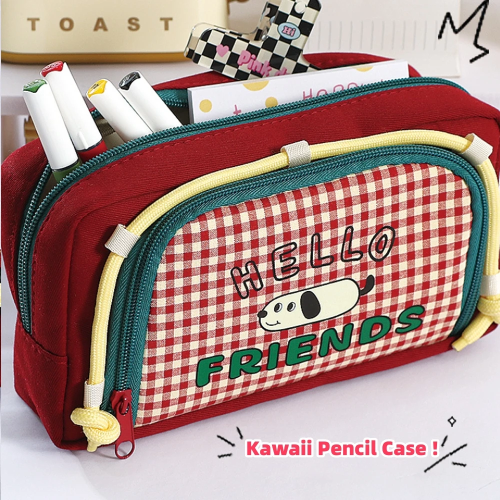 Cute Cartoon Dog 2-Layer Large Capacity Pencil Case Student Desktop Storage Pen Box School Stationery Retro Check Girl Makeupbag