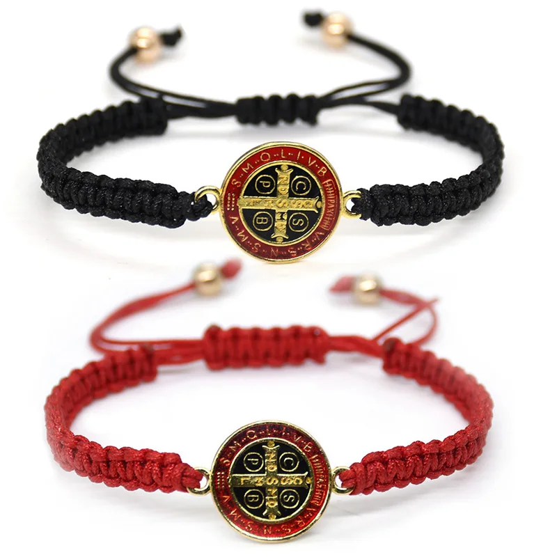 QIGO St. Benedict Bracelet For Men Women Rope Weave Religious Jewelry Red Black