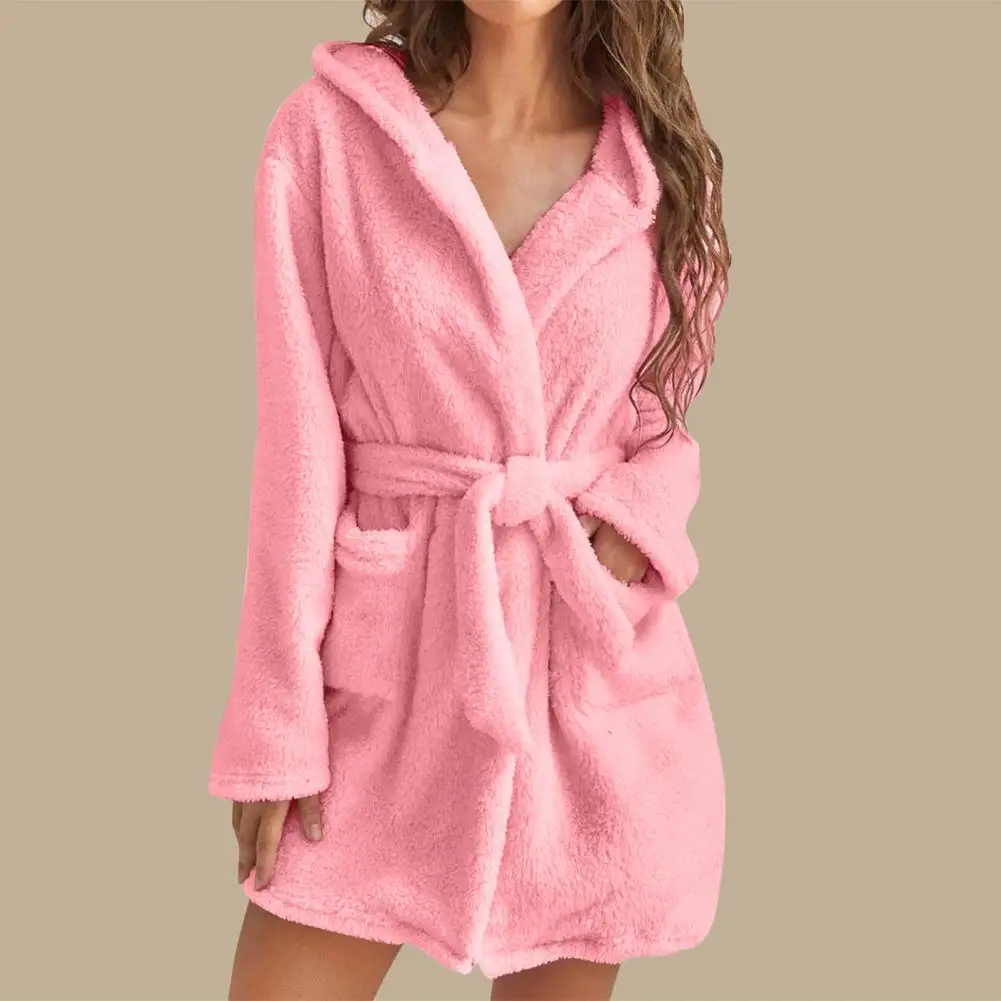 Camisola feminina luxuosa de pelúcia, camisola de inverno com capuz, cinto de renda para roupão aconchegante para casa