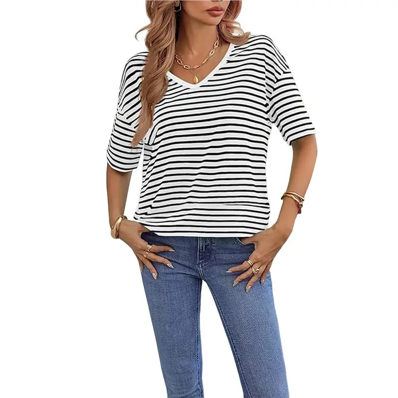 NEW-Women Horizontal Stripe Contrast Binding V-Neck Drop Shoulder Half Sleeve Oversized Casual T-Shirt