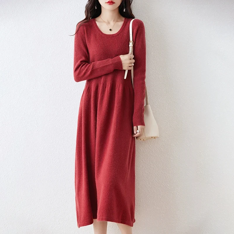 Winter Cashmere Dresses for Women, 100% Wool Knitted Clothing, Long Style, 5Colors, Female Jumpers, New Arrival, 2024,SY01