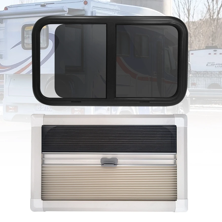 RV Rounded Sliding Window with Sunshade and Mosquito Net, Inner Window Opening Size 700 x 400 mm, Acrylic Rounded Sliding Window