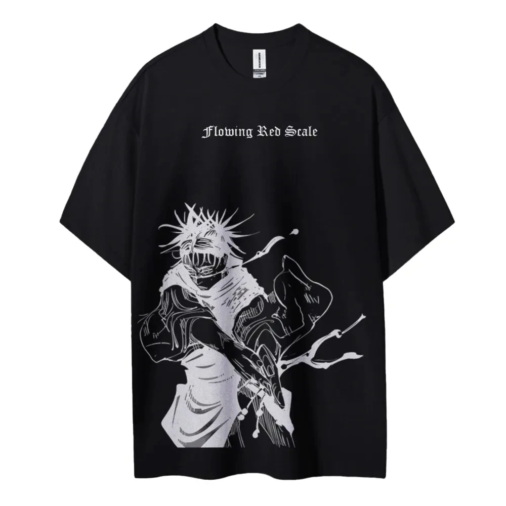Fließendes rotes Maßstab-Anime-Grafik-T-Shirt 2025, Sommer-Herren-Baumwolle, lockere Passform, Streetwear, lässiges Top mit auffälligem Charakterdruck