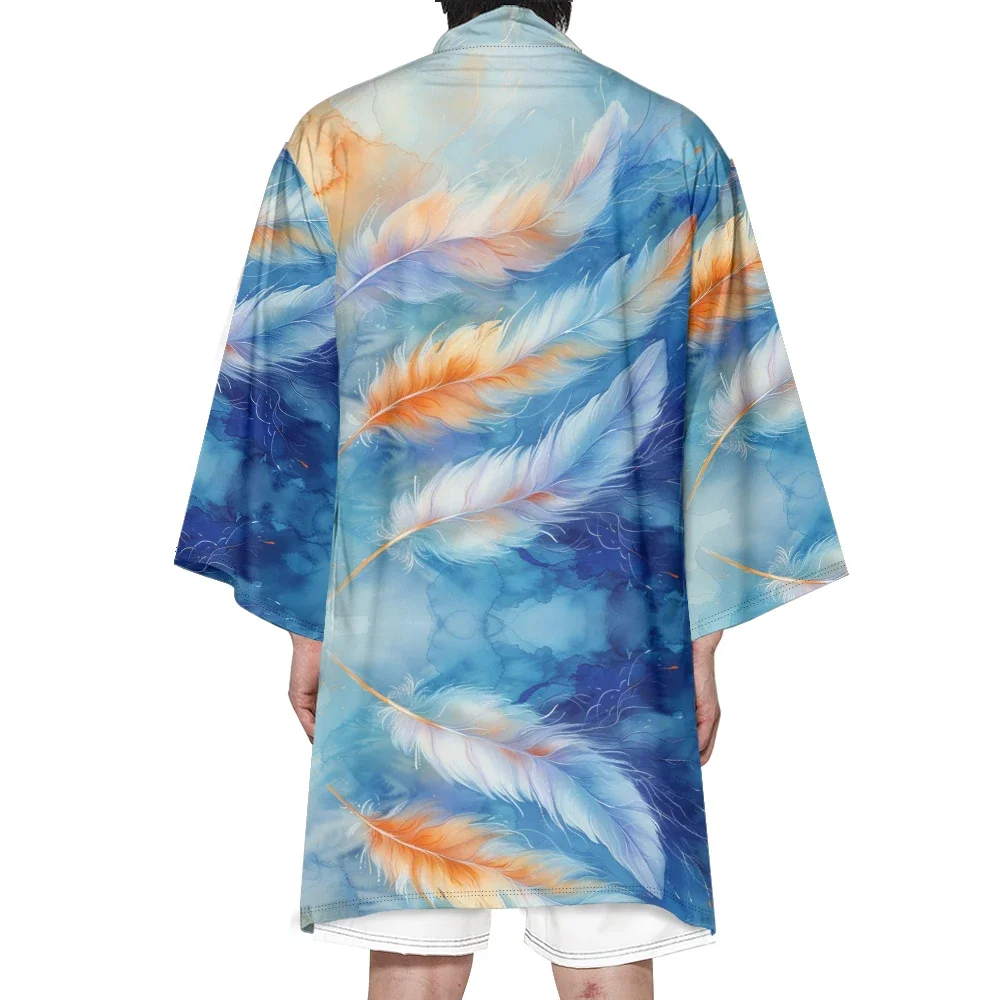 

Autumn Samurai Kimono Cosplay Japanese Fashion Stylish Haori Fresh Kimono Men Cardigan Feather Print Robe Trend Vintage Yukata