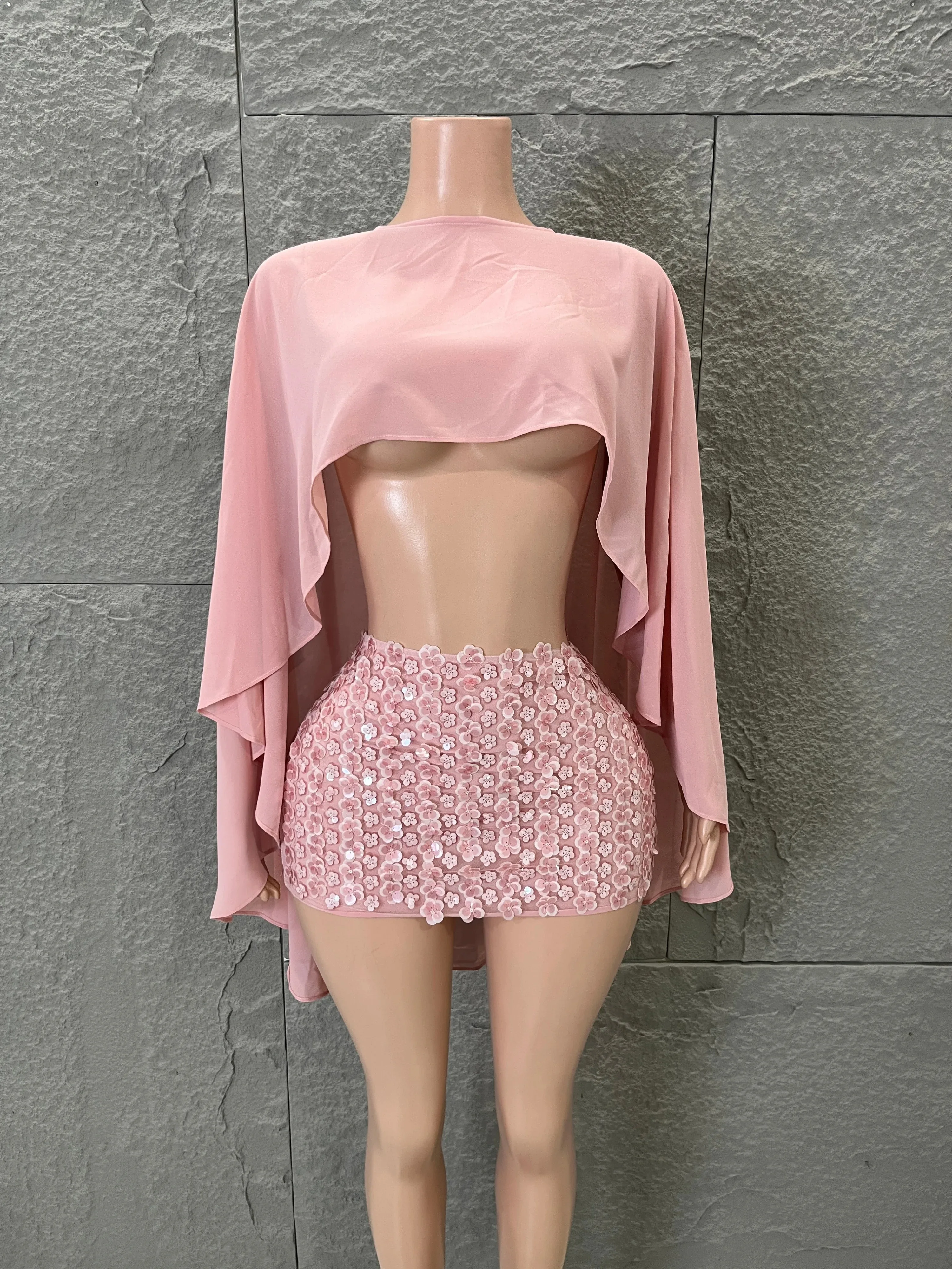 Sexy Chiffon Cape Crop Top with Long Sleeve Floral Sequin Mini Skirt Set Burgundy Pink for Nightclub Date Night and Festivals