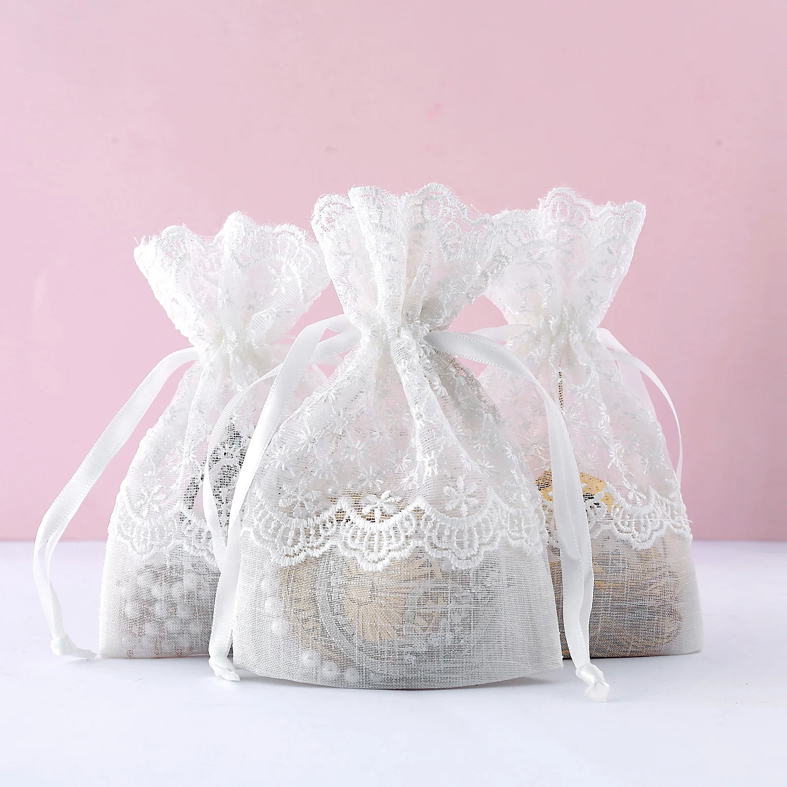 

12Pcs Organza Gift Bags Slub Yarn White Starry Lace Drawstring Bag Jewelry Storge Wedding Party Christmas DIY Decoration