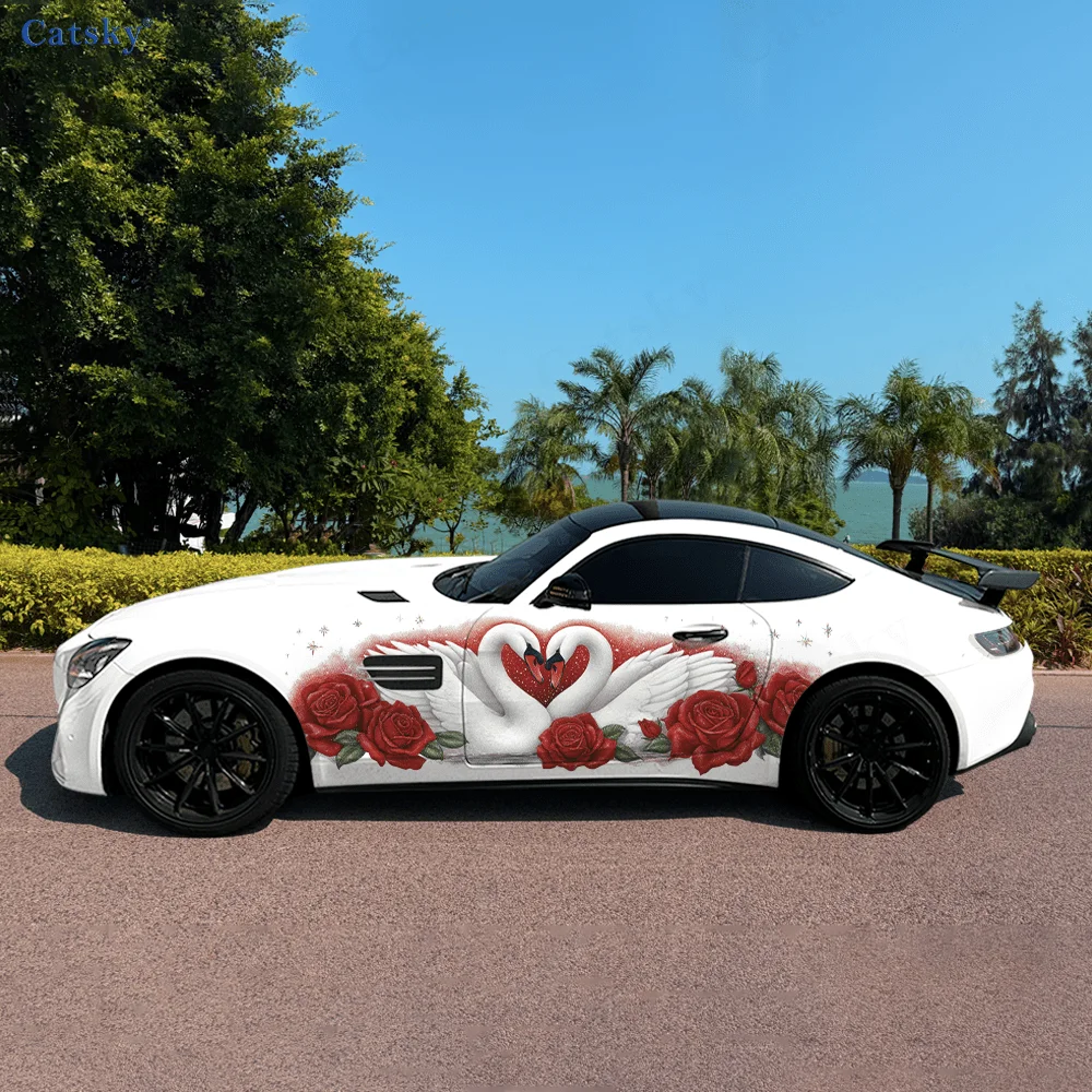 

Виниловая наклейка в форме лебедя в форме сердца с красными розами, самоклеящаяся наклейка из ПВХ, подходит для грузовиков, внедорожников, декора, автоаксессуары, подарок