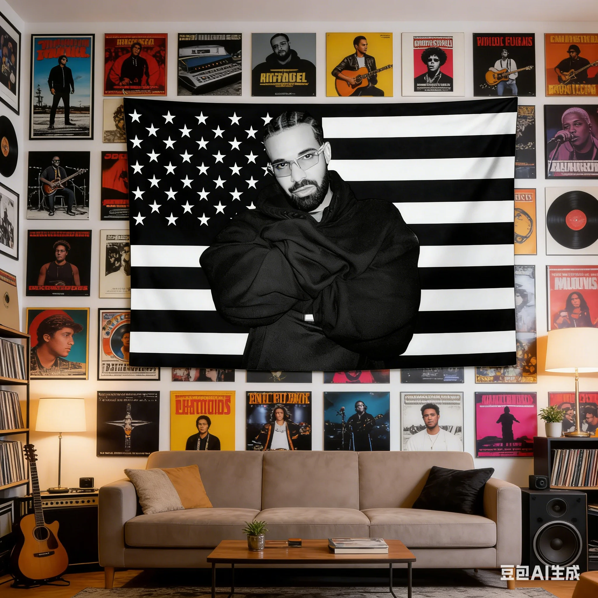 1pc Drake Hip Hop Fan Flag Tapestry, Polyester 2D Wall Decor, Black White American Flag Art, Bedroom Living Room Dorm Wall Hangi