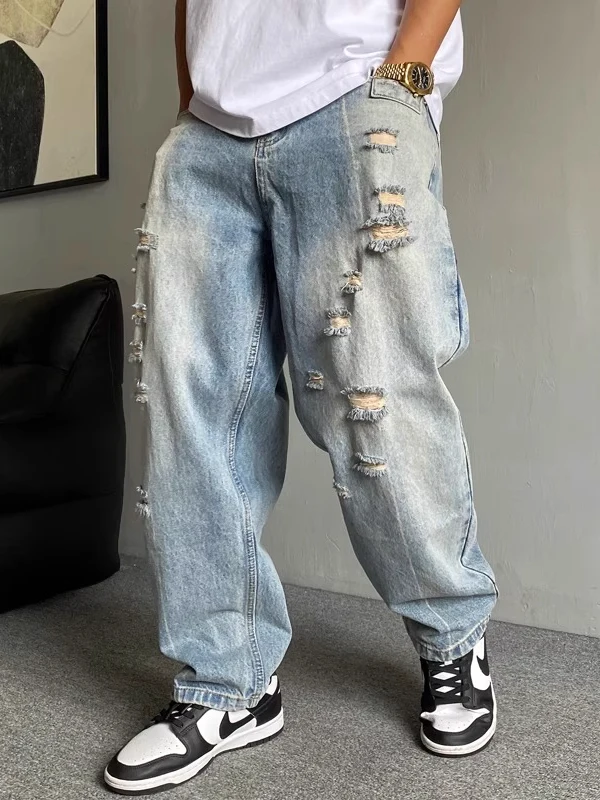 

Мужские винтажные американские джинсы большого размера, свободного кроя, конусовидные рабочие брюки с рваными элементами и износостойкой отделкой для лета
