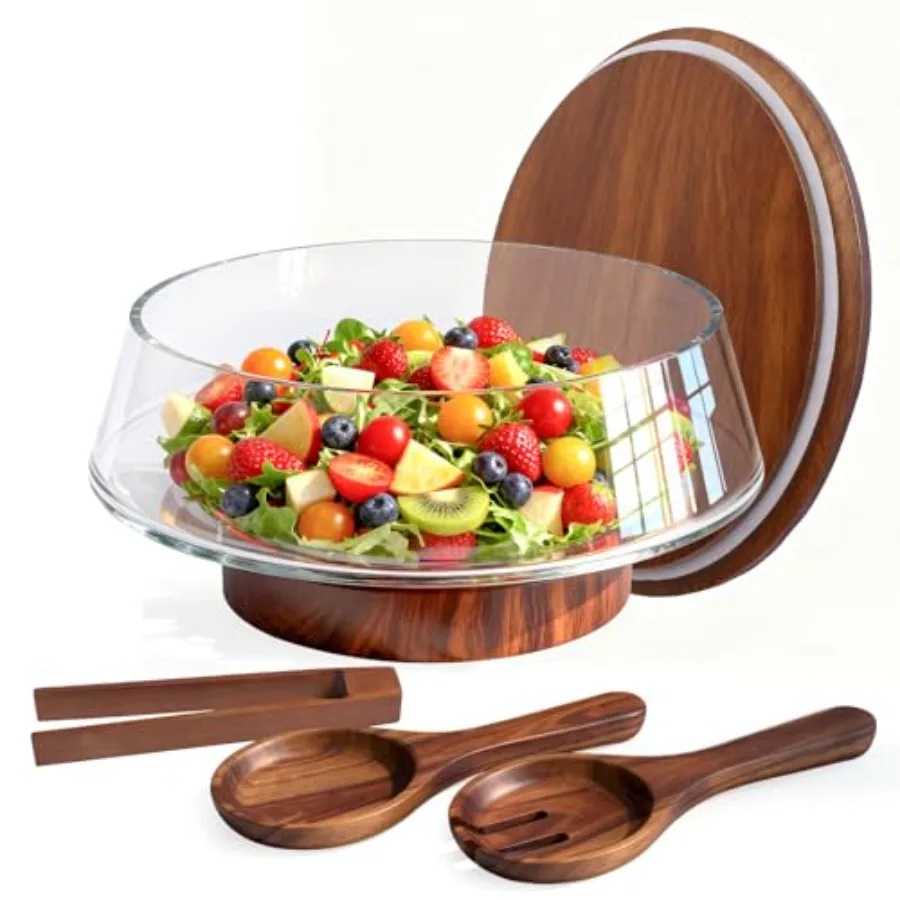 

Extra Large Glass Salad Bowl with Lid Set 5-Qt 160 fl oz Mixing/Serving Bowl with Wood Base and Salad Servers Trifle Bowl for K