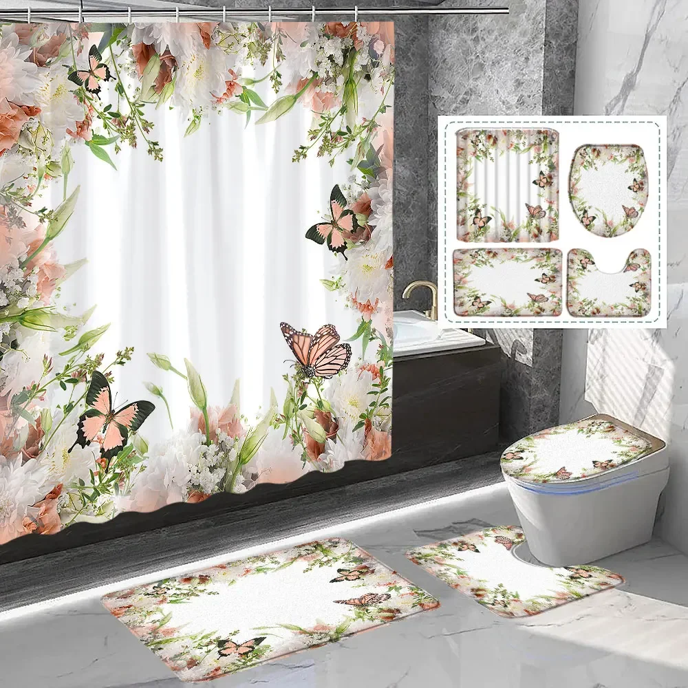 Pretty Floral and Butterfly Shower Curtains Rugs Bathroom Sets Springtime Peaceful Fresh Flower Buds Curtains Mat Bathroom Decor