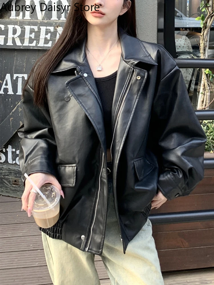 Streetwear Black Leather Jacket Women Winter High Street Biker Zipper Leather Coat Korean Fashion Loose Warm Faux Leather Jacket