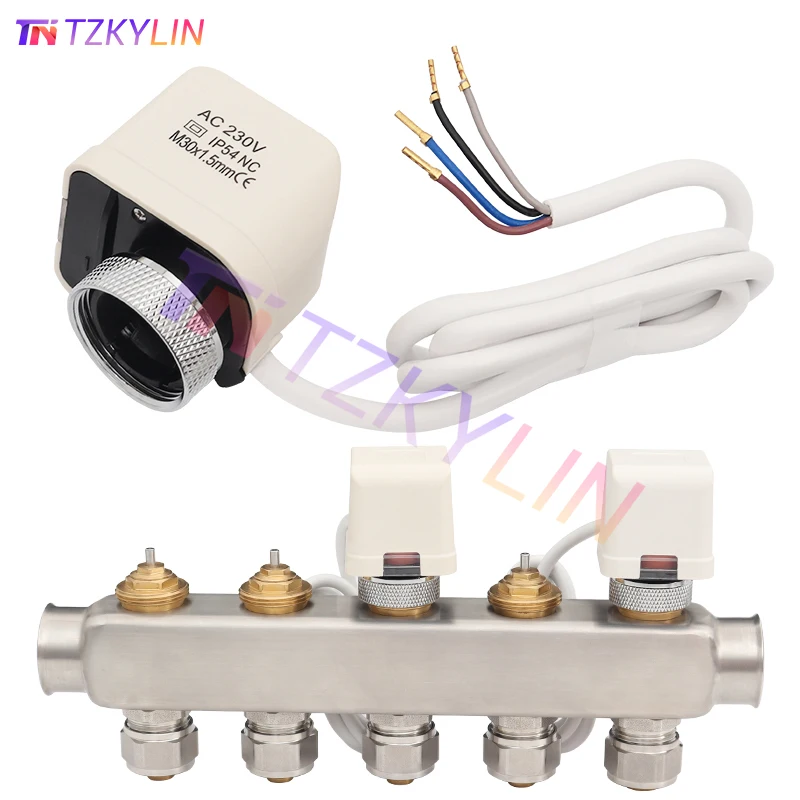 4-Wire Thermal Actuator NC 230V/DC24V, M30x1.5mm Thread for Underfloor Heating Manifold, Normally Closed Electric Actuator