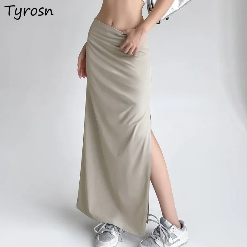 

Side-slit Long Skirts Women Summer Elegant Sexy Irregular Y2k Girls Vintage European Style Simple Cargo Jupe Fashion All-match