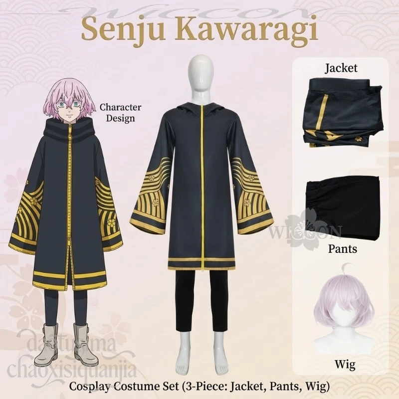 Anime Tokyo Cosplay Senju Kawaragi Kostüm Goldenes Muster Langer Schwarzer Umhang Hose Hellpurpurne Perücken Halloween Weihnachtsfeier Cosplay