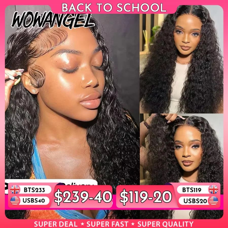 WOWANGEL Lockige Perücken, 250 % 13 x 6 HD-Lace-Front-Perücken, 34 Zoll, Wasserwelle, leimlose Echthaar-Perücken, vorgezupftes brasilianisches Remy-Haar