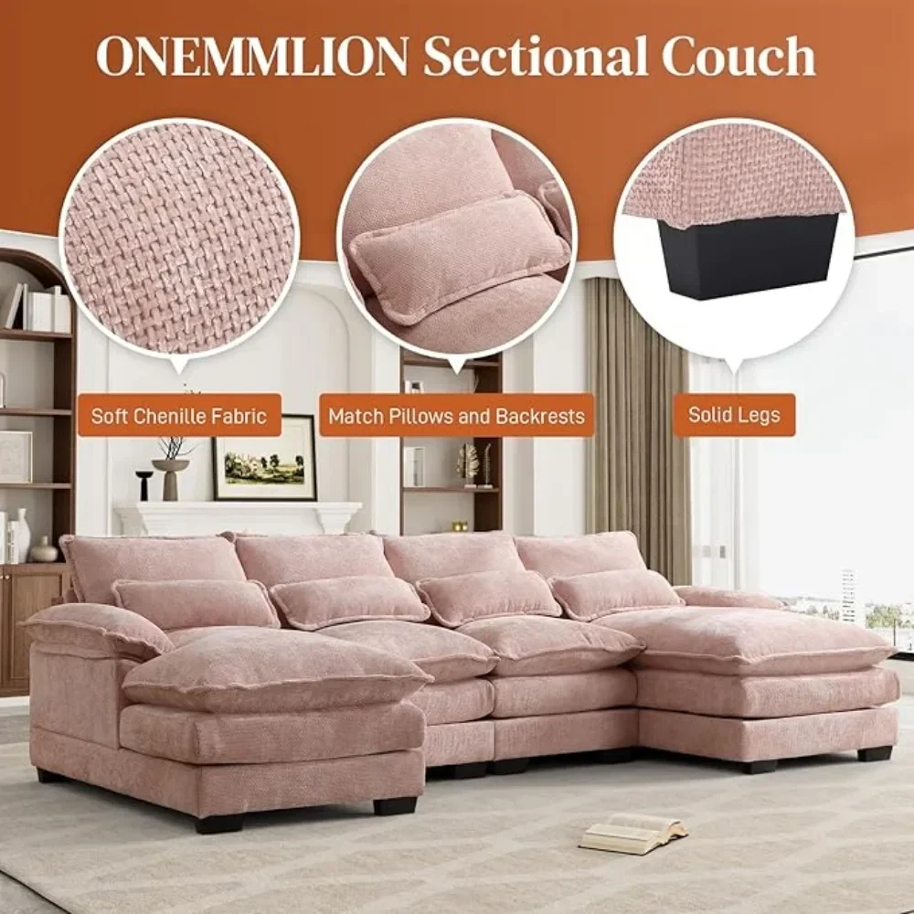 S70e61d48bf25428daffd33e37ff285b3I Modern 110 Inch U Shape Cloud Couch Pink Chenille 4 Seat Sleeper Sofa