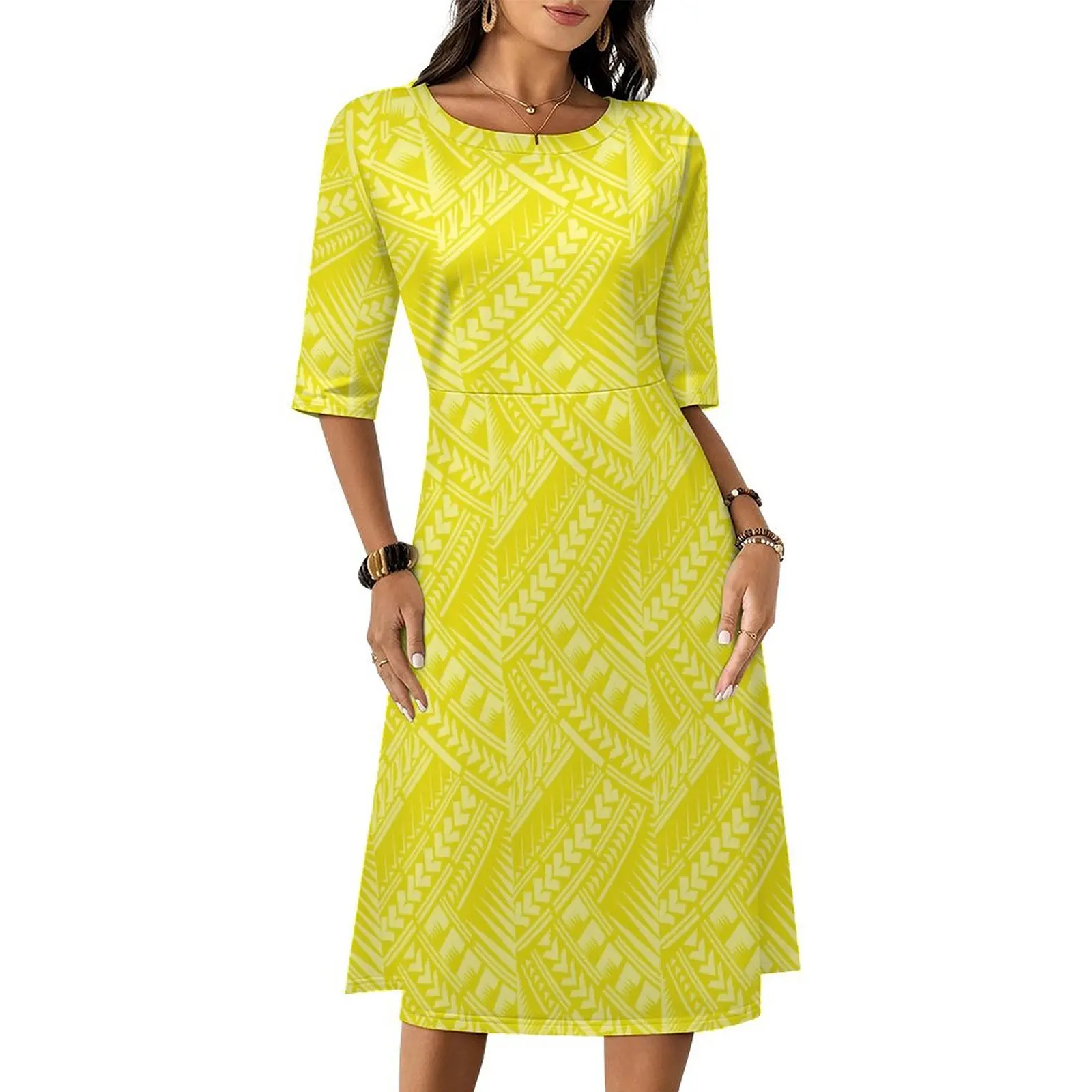 New Wholesale Custom Polynesian Tribal Hawaii Dress Women Lady Elegant O Neck   Plus Size Womens Dress