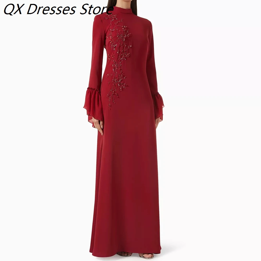 

Women's A-line Evening Dresses Floor-length High-neck Full Sleeve Prom Dresses Fashion Sequined Ruffles Draped Customized Gowns