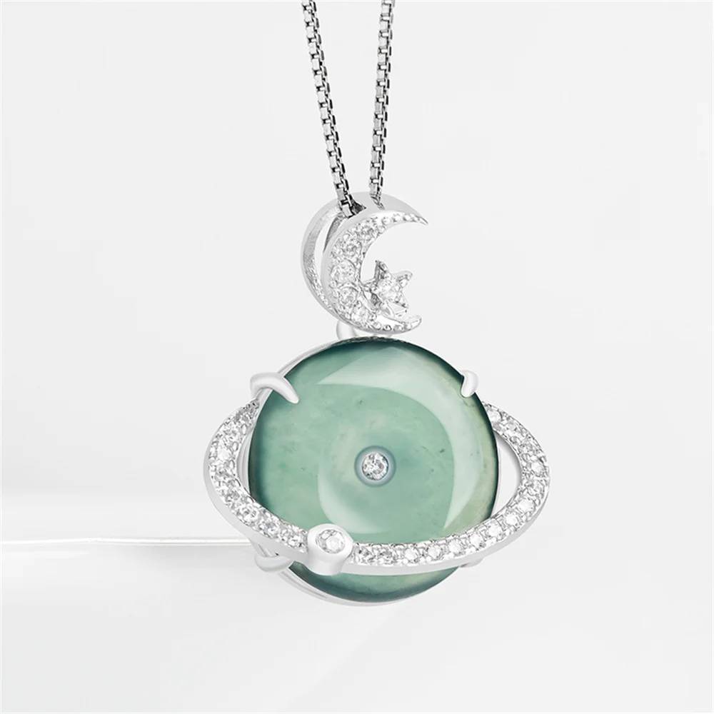 925 Silver Natural Ice Jadeite Round Buckle Moon Star Lucky Pendant Amulet S925 Necklace Certificate Luxury Jade Jewelry Gift