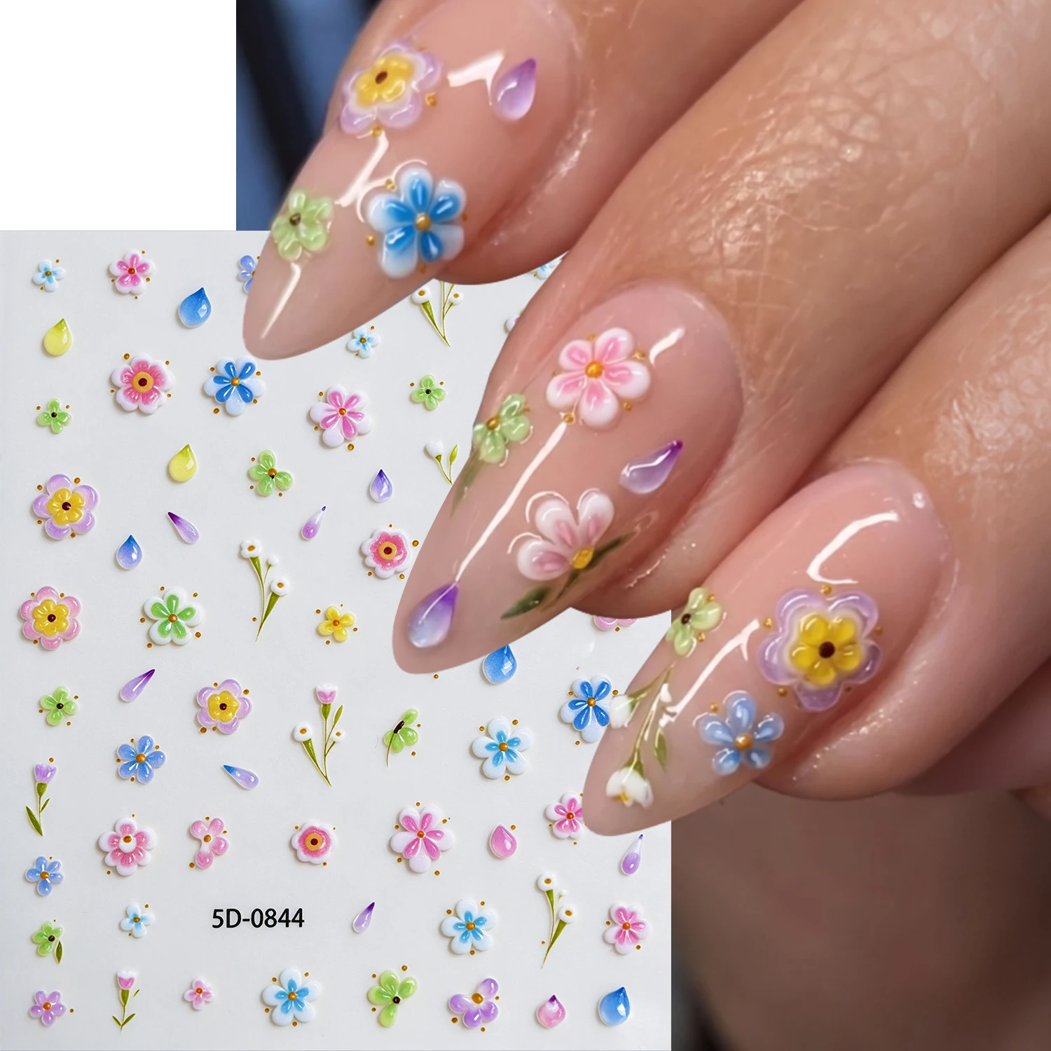 5D Relief Blossoming Flower& Water-Drop Nail Sticker Multicolor Flower Leaf Nail Decal Self-Adhesive Five-Petal Flower Slider