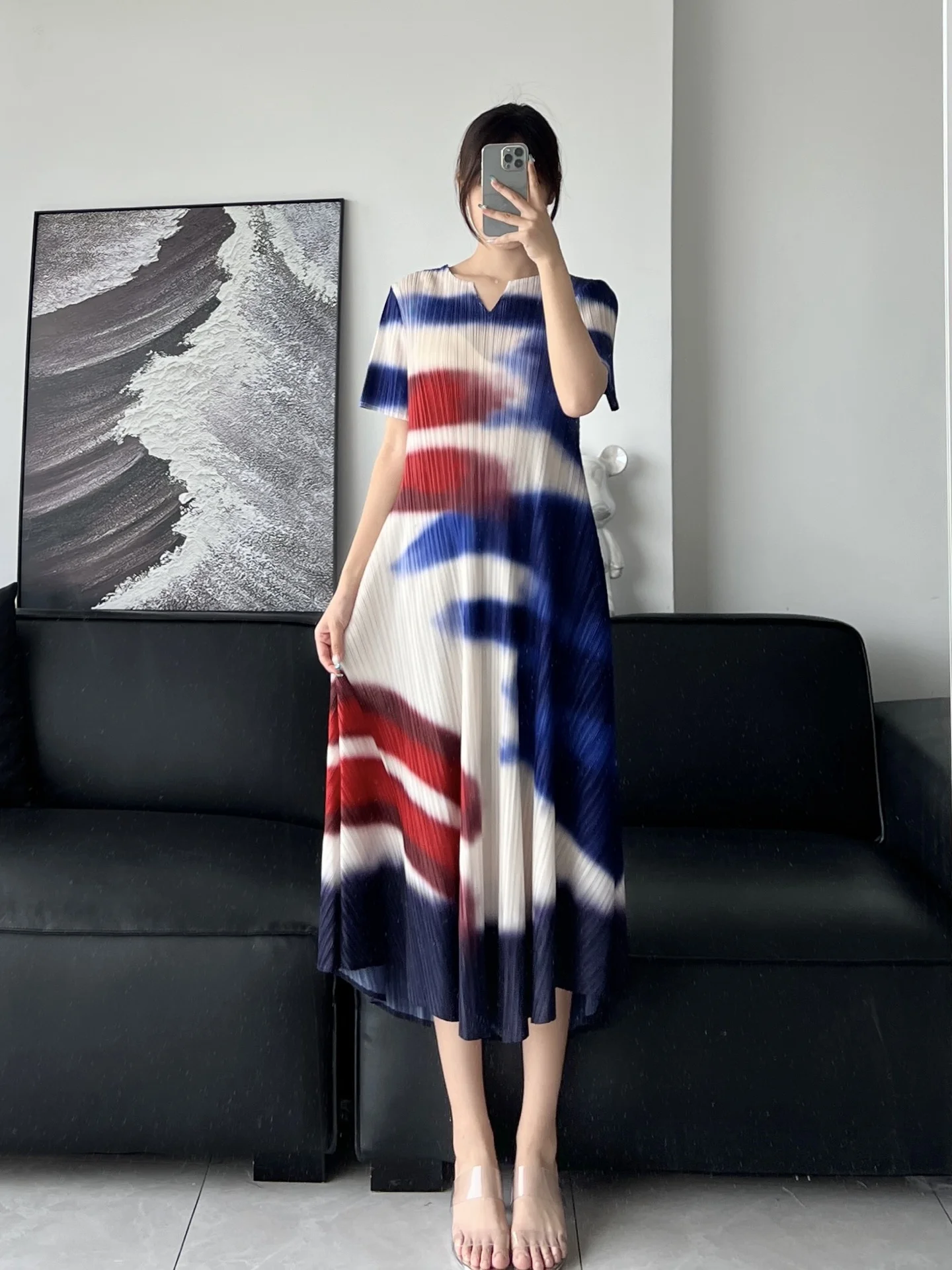 

Miyake Pleated Print Short-sleeved Dress 2025 Summer New Temperament Ageing Hundred High Waisted Dresses