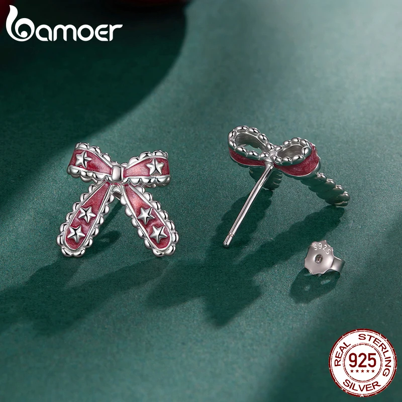 أقراط باموير 925 من الفضة الإسترليني لعيد الميلاد للنساء أقراط على شكل فراشة بفيونكة حمراء لطيفة هدية مجوهرات عيد الميلاد للحفلات