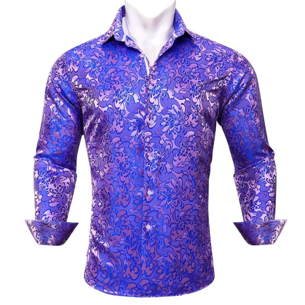 Luxury Men's Shirt Embroidered Silk Slim Casual Gold Blue Purple Black Red Green Paisley Flower Long Sleeve Barry Wang Men Cloth