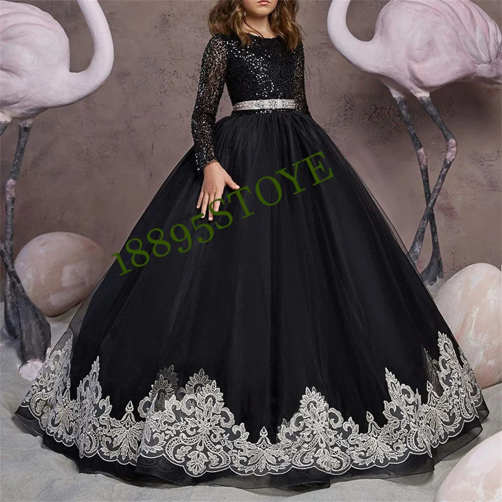 Luxury Flower Girl Dress Sequins Applique Tulle Puffy With BeltFloor Length For Wedding Pageant Party First Comunion Ball Gowns