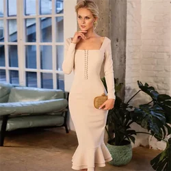 2024 New Modern Tea Length Mermaid Prom Dresses Elegant Square Neck Long Sleeve Bodycon Cocktail Gowns