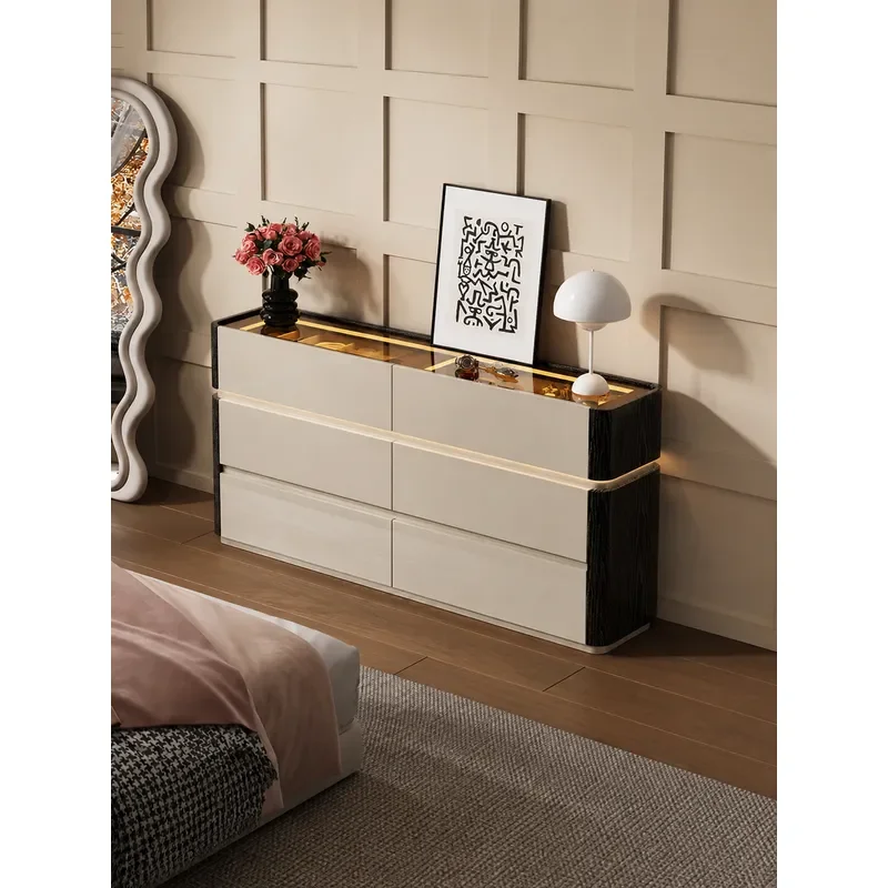 Modern Ultra Thin Solid Wood Bedside Storage Cabinet Bedroom Chest Locker Wall Mounted TV Stand for Master Bedroom Light