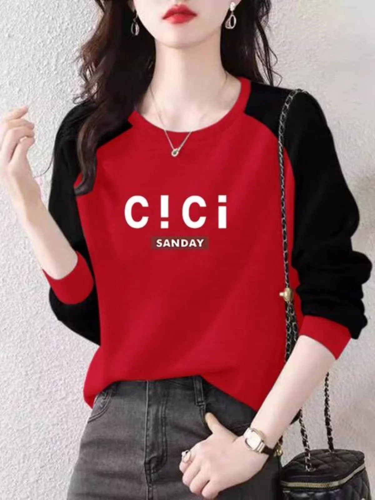 両面ベルベット長袖ベースシャツ-レディース-ルーズスリムトップ-ins-ツーピースセット-秋冬-ショルダーインサート-カラーブロック